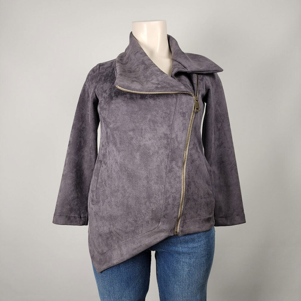 Nounke Grey Faux Suede Asymmetrical Zip Up Light Jacket Size L